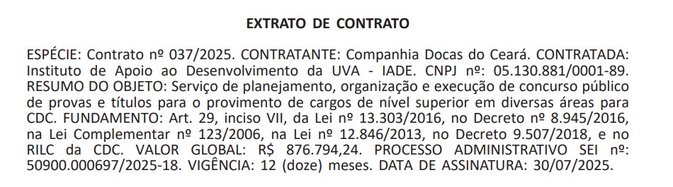Extrato de contratação da banca organizadora do concurso CDC