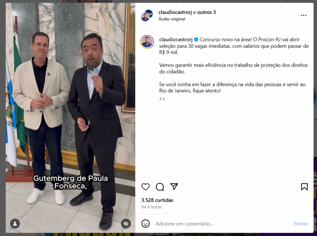 Anúncio do Governador do Rio de Janeiro sobre cargos contemplados no próximo concurso PROCON RJ.