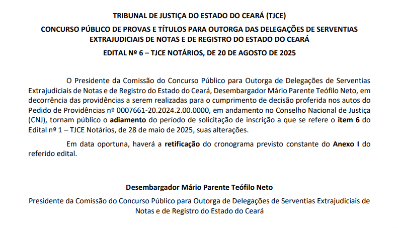 Concurso TJ CE Cartórios: inscrições adiadas.