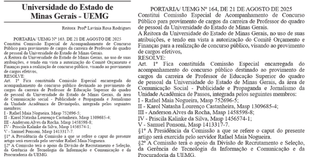 Portaria nº 163 e 164 sobre comissão formada para concurso UEMG