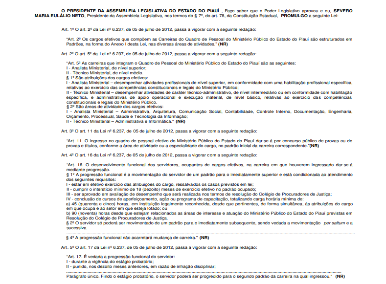 Concurso MP PI - Alteração no plano de cargos e carreiras dos servidores do Ministério Público do Estado do Piauí
