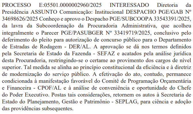 Concurso DER AL em processo de autorização
