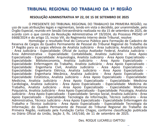 Concurso TRT RJ publica homologação do resultado final