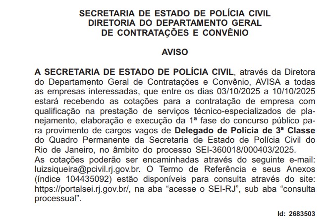 Concurso Delegado RJ: banca em definição