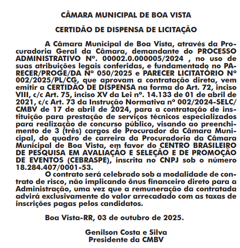 Concurso Câmara Boa Vista RR: banca definida