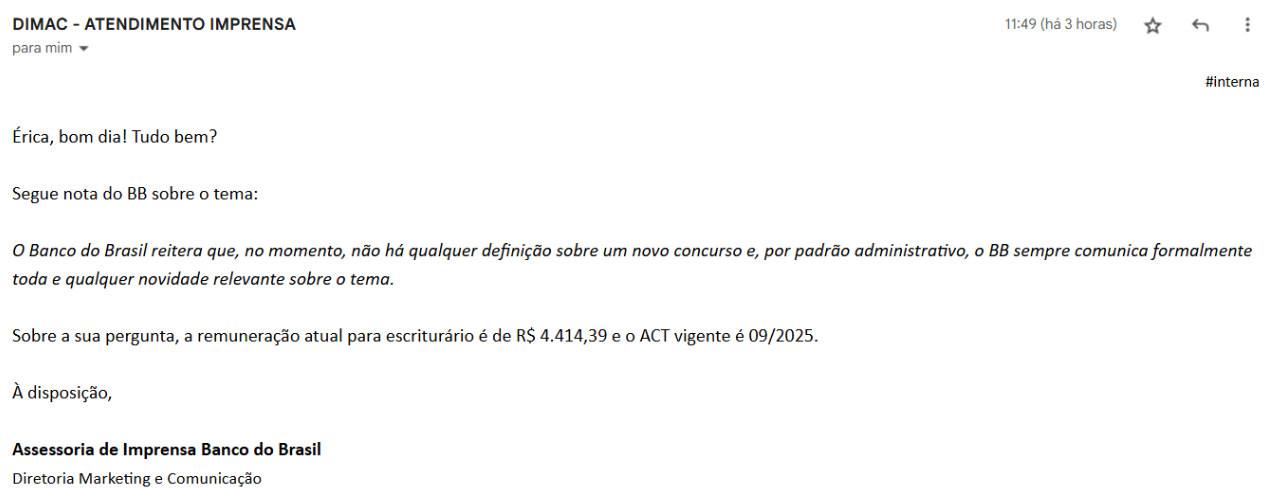 Concurso Banco do Brasil: reajuste 10/2025