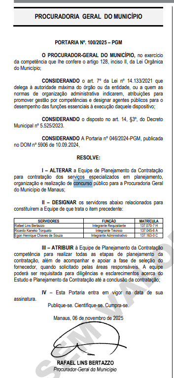 Concurso PGM Manaus AM: comissão formada