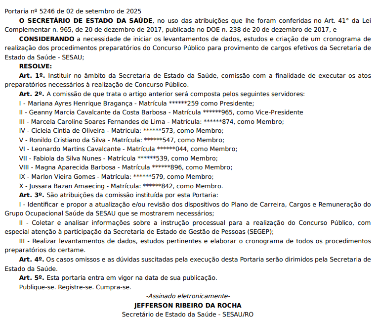 concurso SESAU RO: comissão formada
