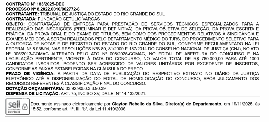 Concurso TJ RS Cartórios: extrato de contrato com a FGV 