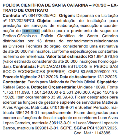 Concurso IGP SC: banca contratda