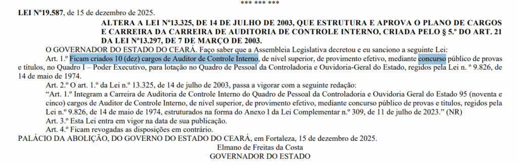 Concurso CGE CE: Criação de cargos