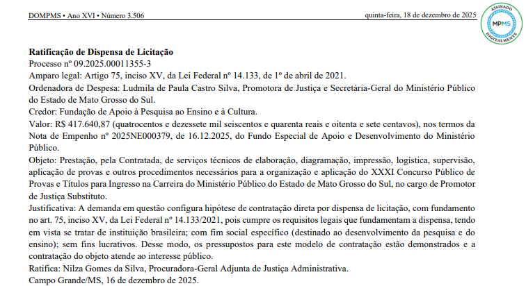 Concurso TJ MS Promotor: Ratificação da Dispensa de Licitação com a banca organizadora
