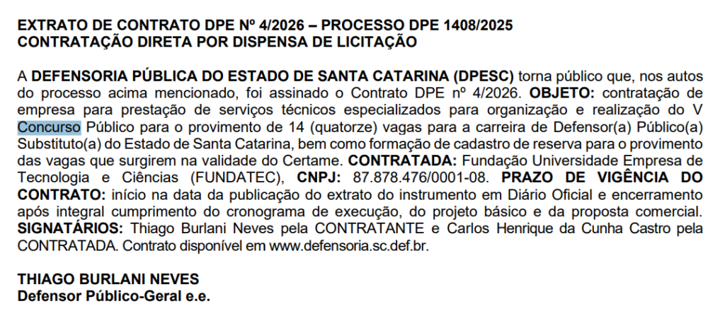 Concurso DPE SC Defensor: banca contratada