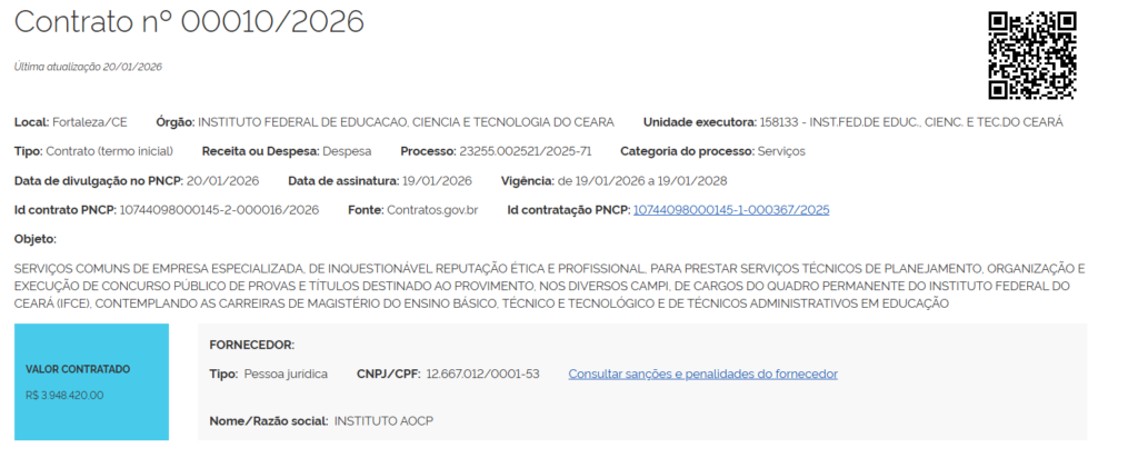 Extrato de contrato oficializa o Instituto AOCP como banca do Concurso IFCE