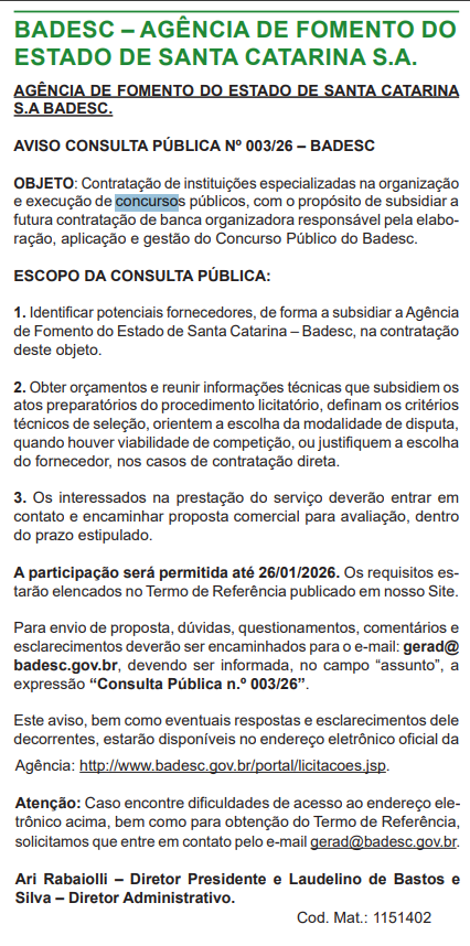 Concurso BADESC: banca em definição