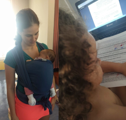 Mulher segurando um bebê no colo e estudando
