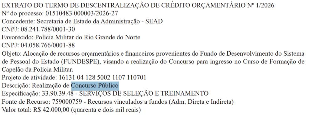 Concurso PM RN Oficial: Crédito orçamentário para edital de Capelão