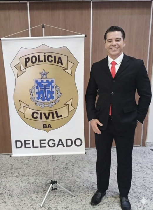 Delegado da Polícia Civil da Bahia sorri ao lado do brasão oficial da instituição.