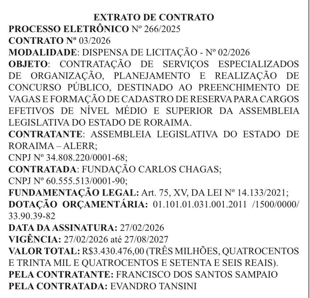 Concurso ALE RR: contrato FCC