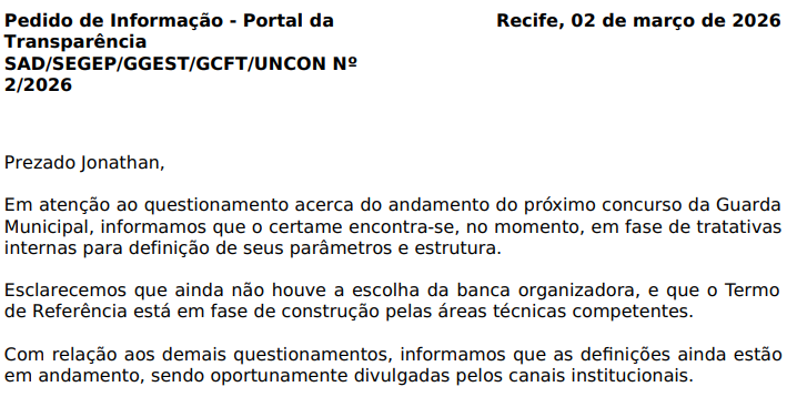 Concurso Guarda Recife PE: termo em elaboração