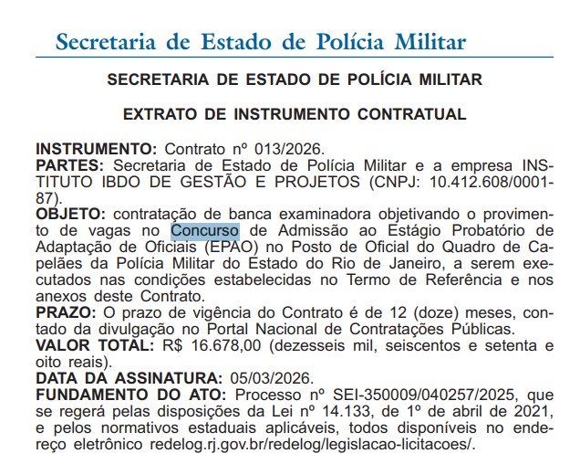 Concurso PMERJ Oficial Capelão; Banca contratada