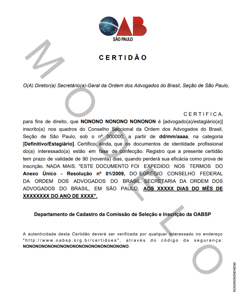 Modelo certidão inscrição OAB SP