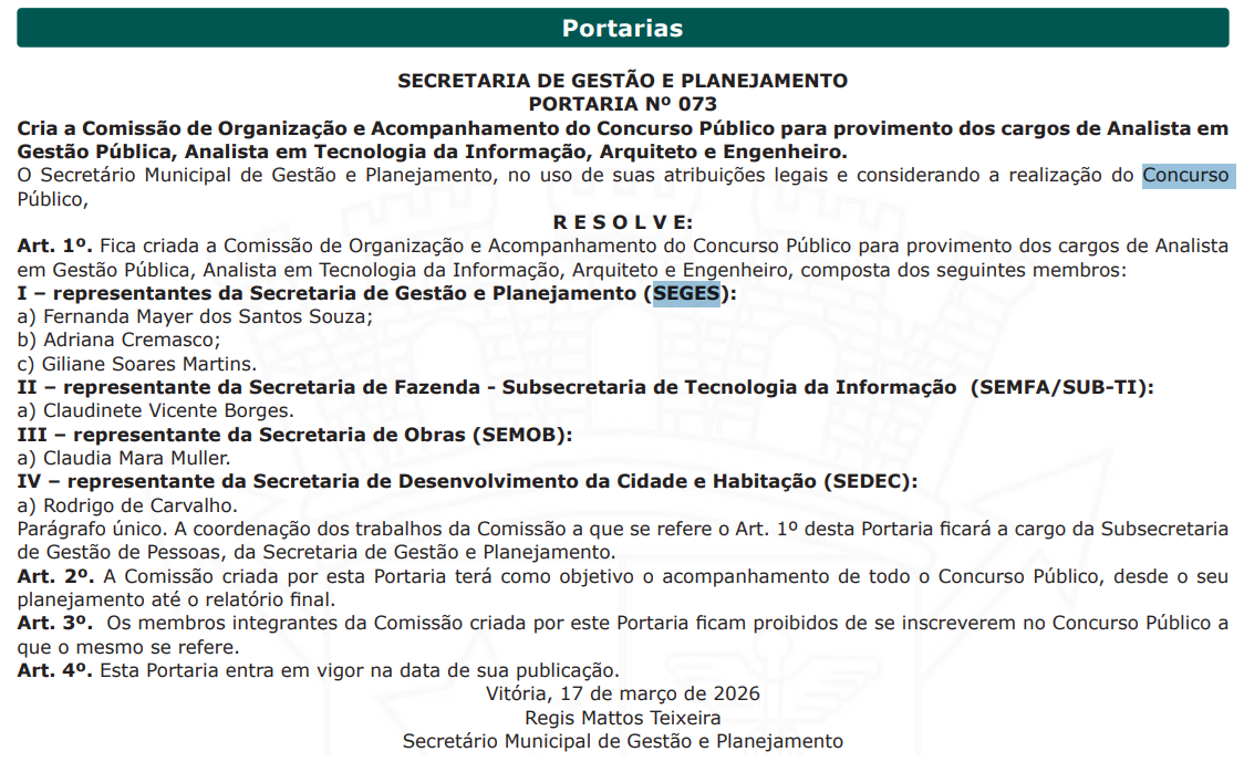 Concurso Vitória ES: comissão formada