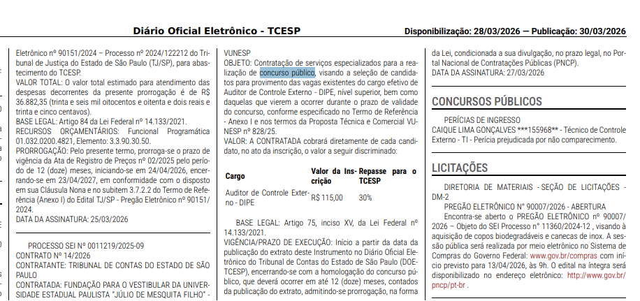 Extrato de contrato do Concurso TCE SP com a VUNESP