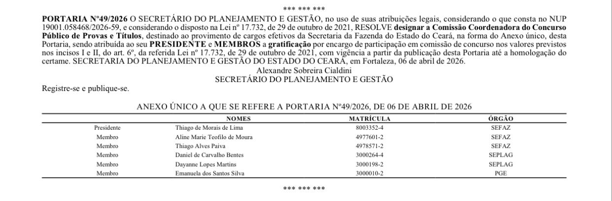 Concurso Sefaz CE: comissão formada