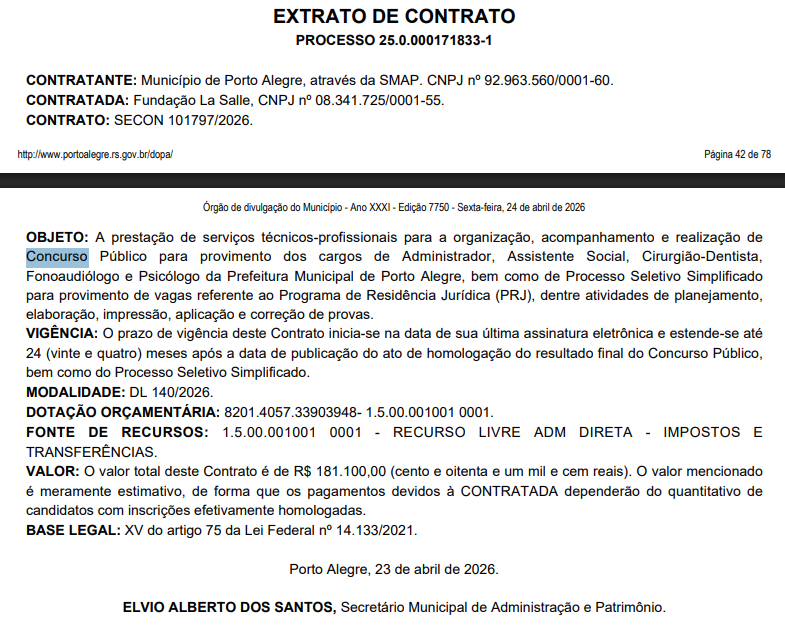 Concurso Porto Alegre RS: banca contratada