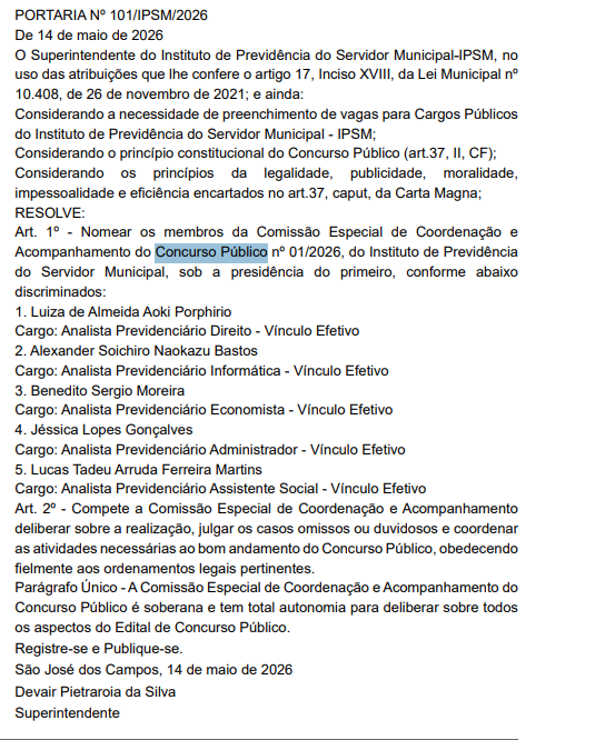 Concurso IPSM São José dos Campos SP: comissão formada