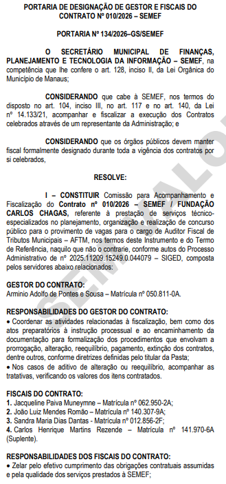 concurso ISS Manaus AM: comissão para fiscalização do contrato formada