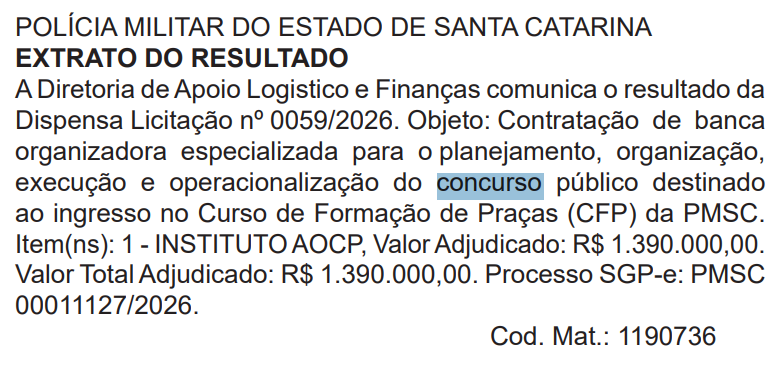Concurso PM SC 2026: Instituto AOCP é a banca