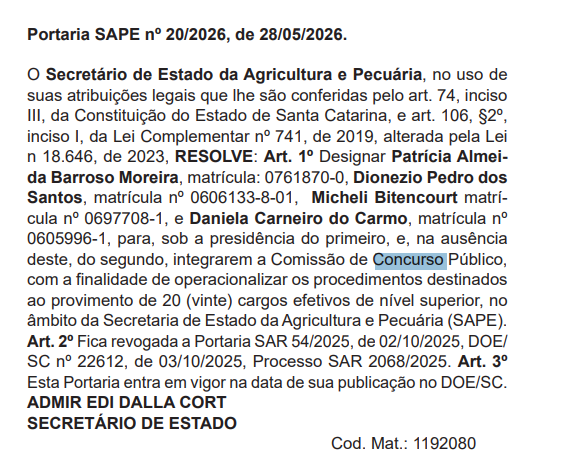 Concurso SAPE SC: comissão formada