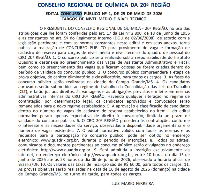 Extrato oficial do Edital CRQ MS