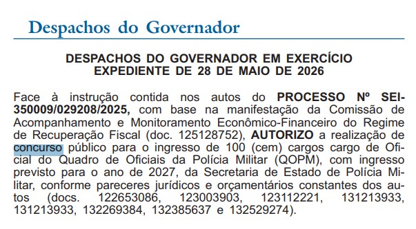 Concurso PMERJ Oficial: autorização publicada no DOERJ