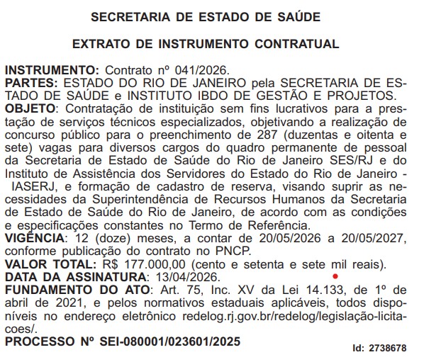 Concurso SES RJ: Extrato de contrato com IBDO