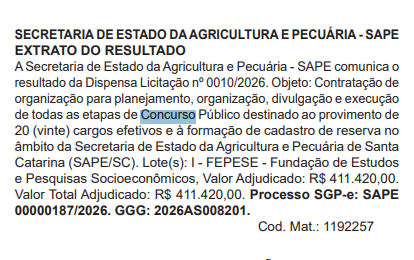 Extrato que confirma a FEPESE como banca do Concurso SAPE SC.
