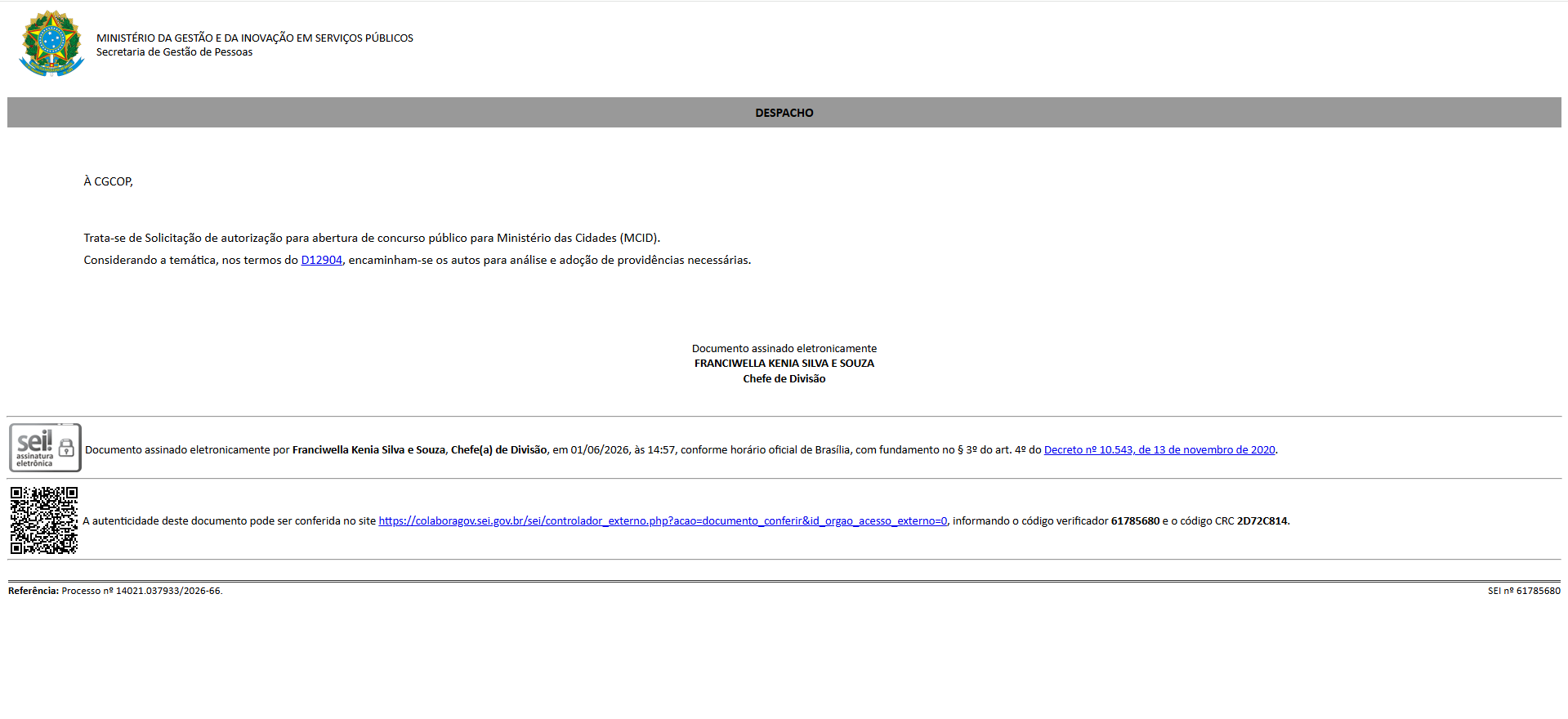 Despacho oficial que registra a solicitação de autorização para abertura de concurso público para o Ministério das Cidades (MCID).