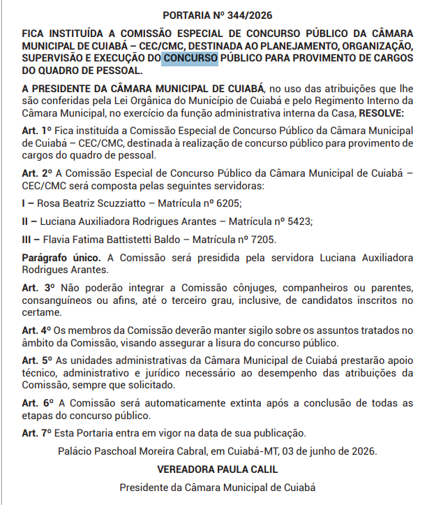 Concurso Câmara Cuiabá MT: comissão formada