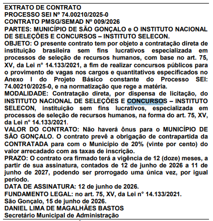 Extrato do contrato que formaliza a contratação do Instituto Selecon para o concurso da Guarda Municipal de São Gonçalo RJ.
