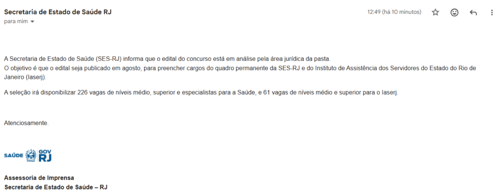 Concurso SES RJ: Edital em agosto