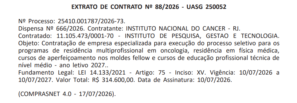 Extrato de contratação da banca da Residência INCA