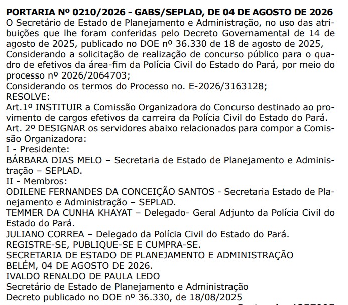 Concurso PC PA: comissão formada