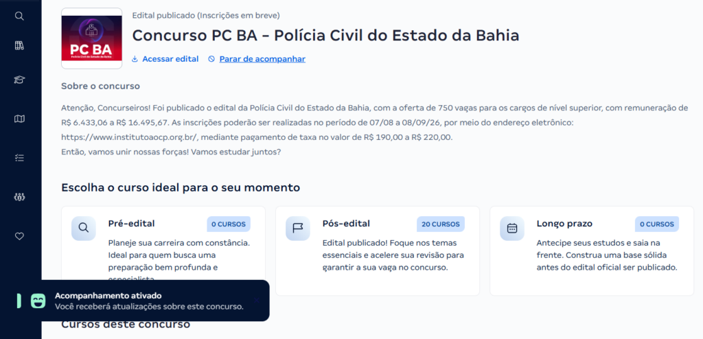 AVA GRAN notificação ativada para acompanhar concurso