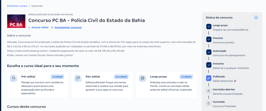 AVA Gran Cursos Tela sinalizando Acompanhamento de concursos