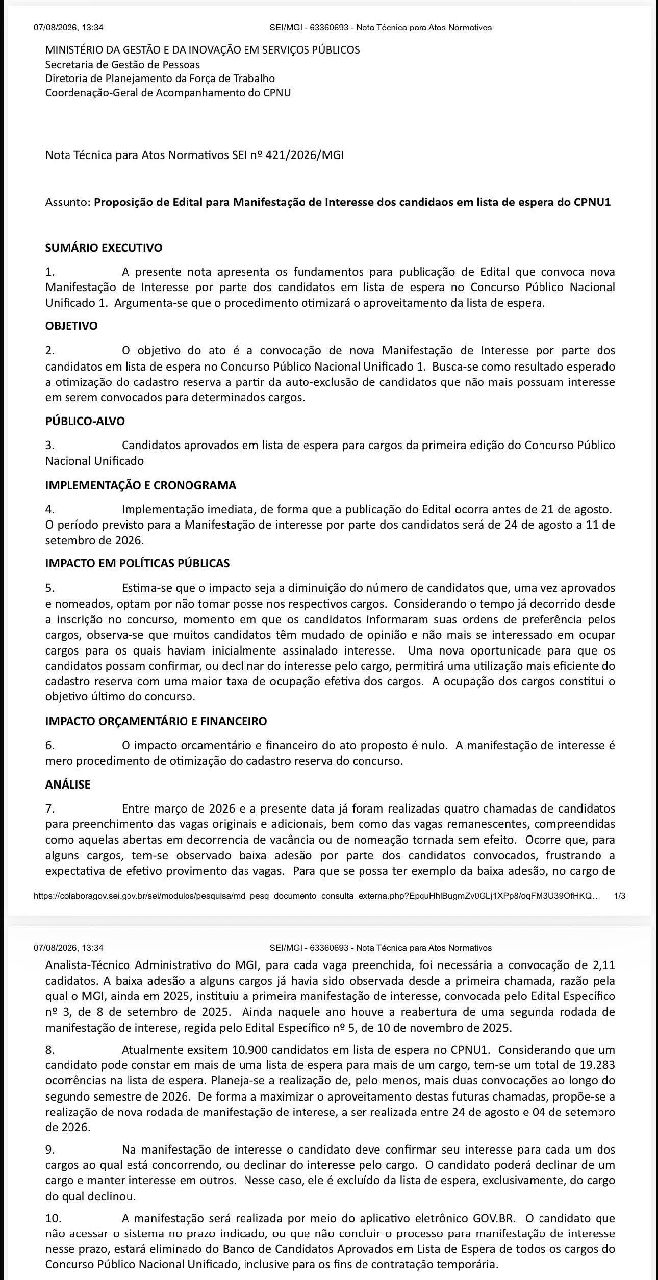 Trecho da nota técnica do MGI sobre nova manifestação de interesse do CNU