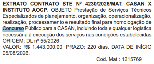 Extrato do contrato que formaliza a AOCP no concurso CASAN SC