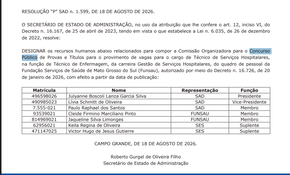 Concurso FUNSAU MS: Comissão formada