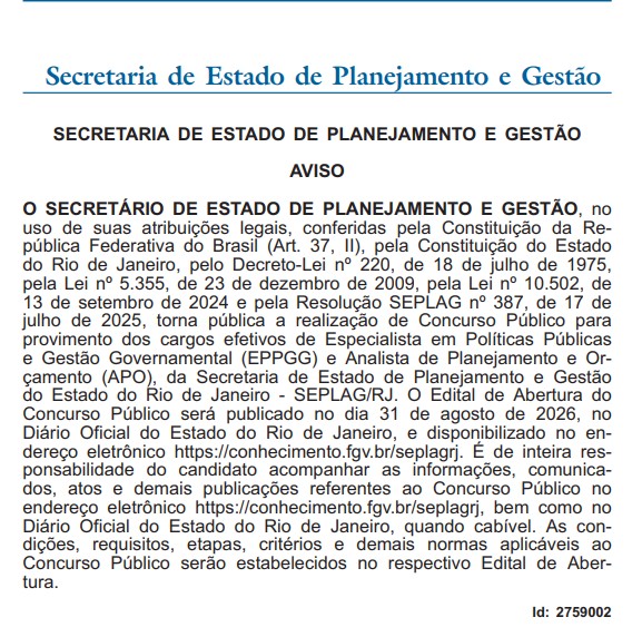 Aviso oficial do concurso Seplag RJ publicado pela Secretaria de Estado de Planejamento e Gestão